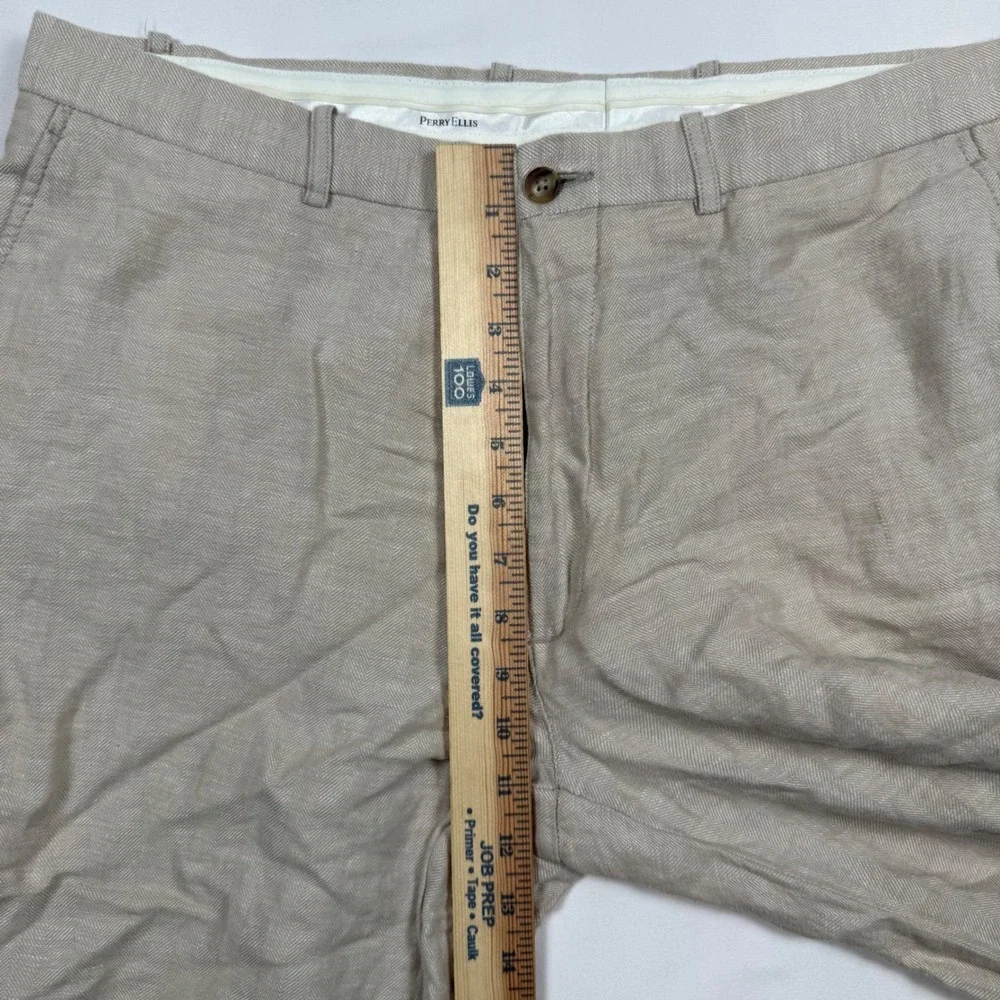 Perry Ellis Mens 36x30 Linen Cotton Herringbone Dress Pants Beige Tan Straight